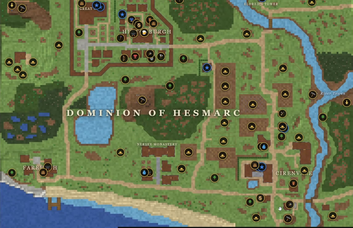 A section of the world map today: the Dominion of Hesmarc from Hestonburgh down to Farehyth and Cirenvale.